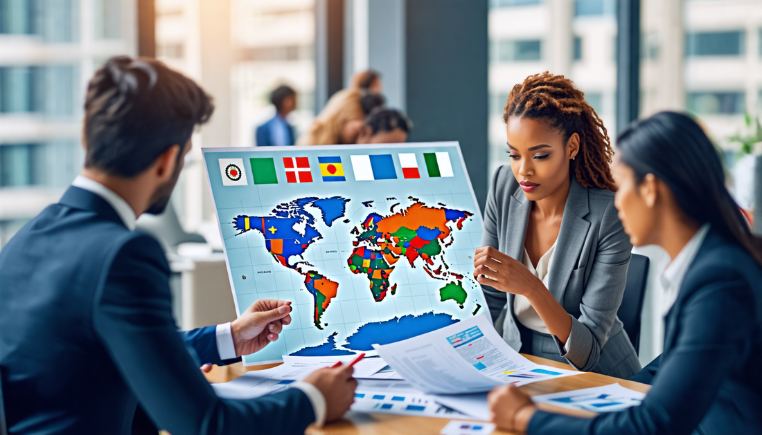 An artistic representation of a diverse group of business professionals examining various maps and documents in a modern office setting, symbolizing residency and citizenship through investment. The s