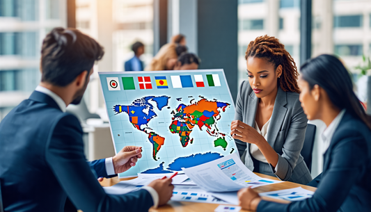 An artistic representation of a diverse group of business professionals examining various maps and documents in a modern office setting, symbolizing residency and citizenship through investment. The s