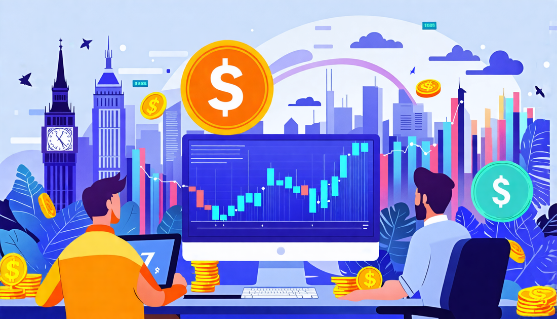 Create an illustration depicting a vibrant forex trading scene, featuring diverse traders analyzing charts on computer screens, surrounded by currency symbols and graphs displaying upward trends. The 