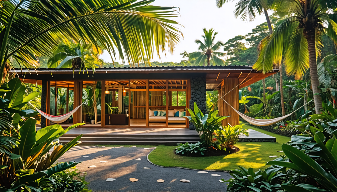 An inviting and eco-friendly low EMF house nestled in a lush Central American landscape, featuring natural materials like bamboo and stone, surrounded by tropical plants, with large windows that allow