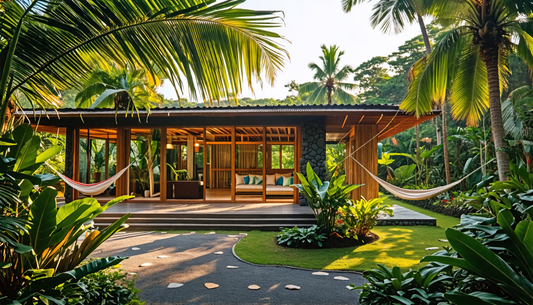 An inviting and eco-friendly low EMF house nestled in a lush Central American landscape, featuring natural materials like bamboo and stone, surrounded by tropical plants, with large windows that allow